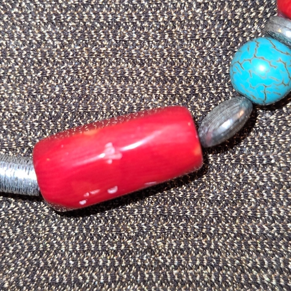 Faux Coral, Turquoise & Silvertone & Bead Necklace - Picture 3 of 9